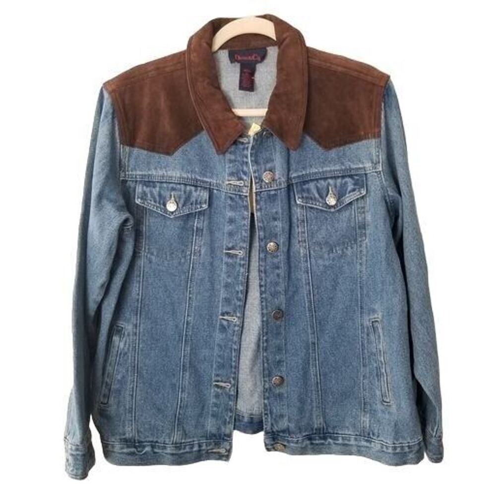 QVC Denim & Co Womens Western Jean Jacket Sz M Leather Shoulders Cowgirl Country